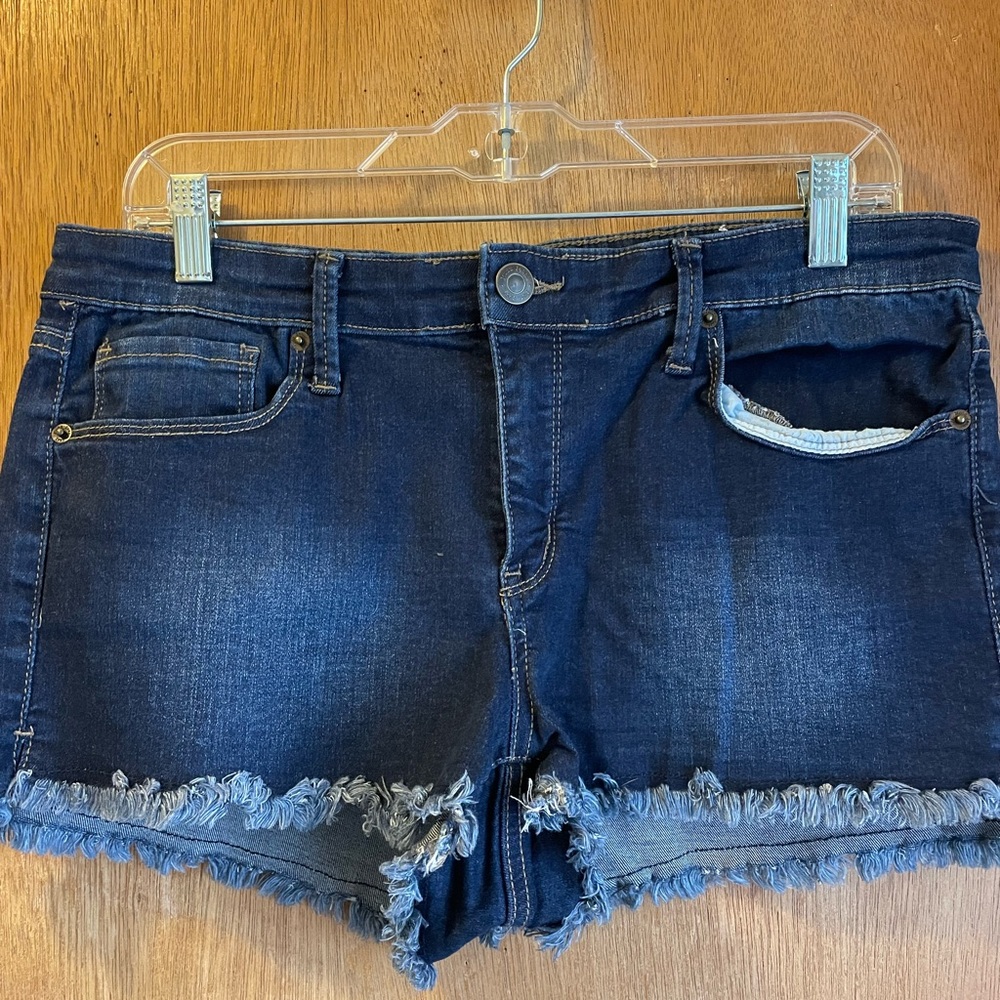 Mudd Dark Blue Frayed Jean Shorts